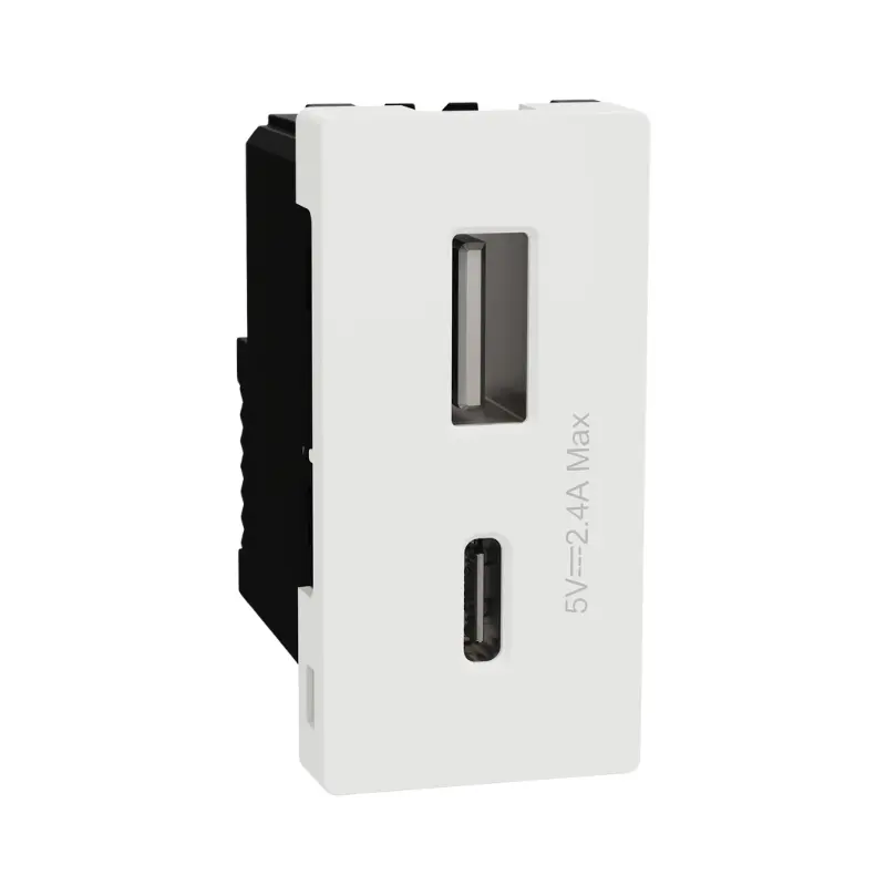 Schneider Dual Port USB Charger (Type A + C) in Compact White Design.