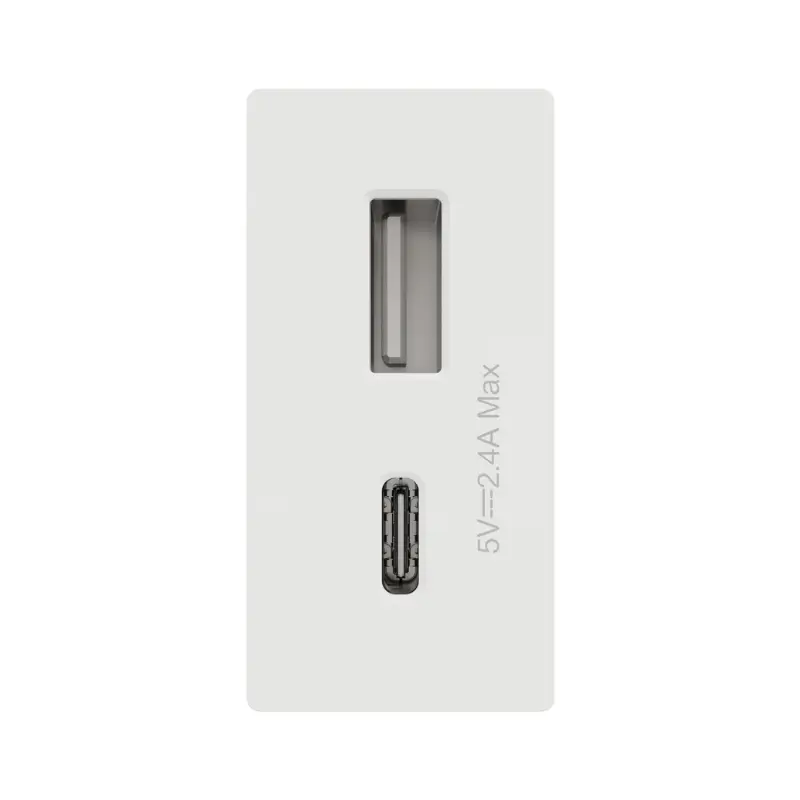 شاحن شنايدر ثنائي المنافذ (USB-A + USB-C) أبيض مع تصميم مدمج.
