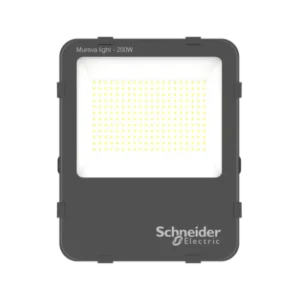 Schneider Mureva Floodlight packaging: Compact box (34.2x42.4x11.6 cm) containing 1 unit, 5.524 kg weight. Weatherproof design certified for safe transport