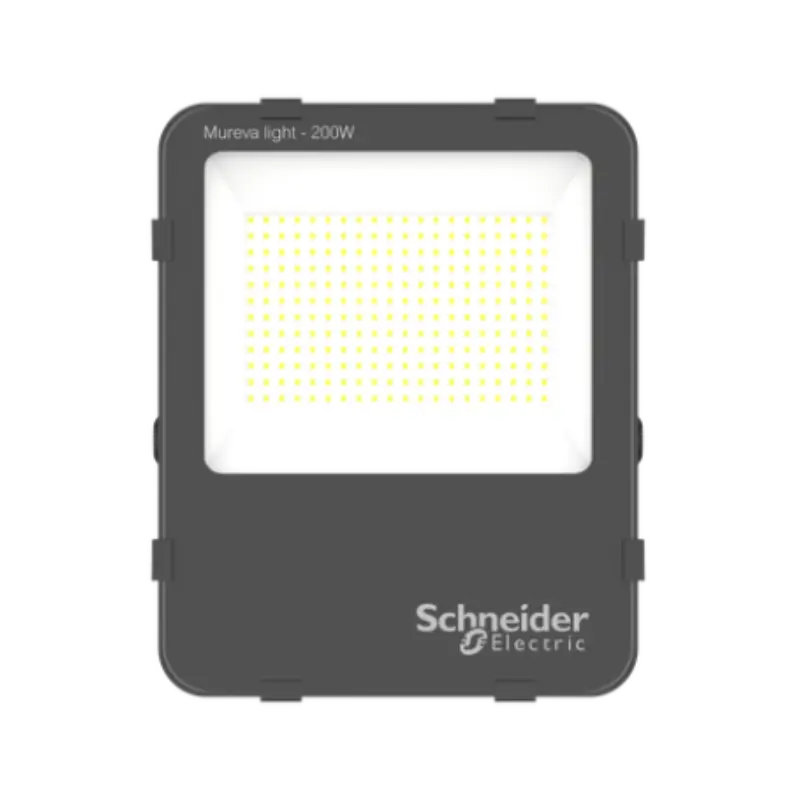 Schneider Mureva Floodlight packaging: Compact box (34.2x42.4x11.6 cm) containing 1 unit, 5.524 kg weight. Weatherproof design certified for safe transport