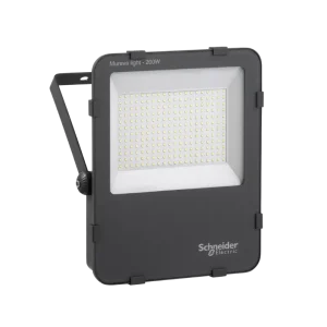 Schneider IMT47223 Mureva 200W LED Floodlight with 24,000 lm brightness, 6500K daylight color, and 110° beam angle. IP65 weatherproof, rectangular design (342x278x61mm, 4.9kg). For indoor/outdoor use in warehouses, stadiums, or homes. 50,000-hour lifespan and 5-year warranty.