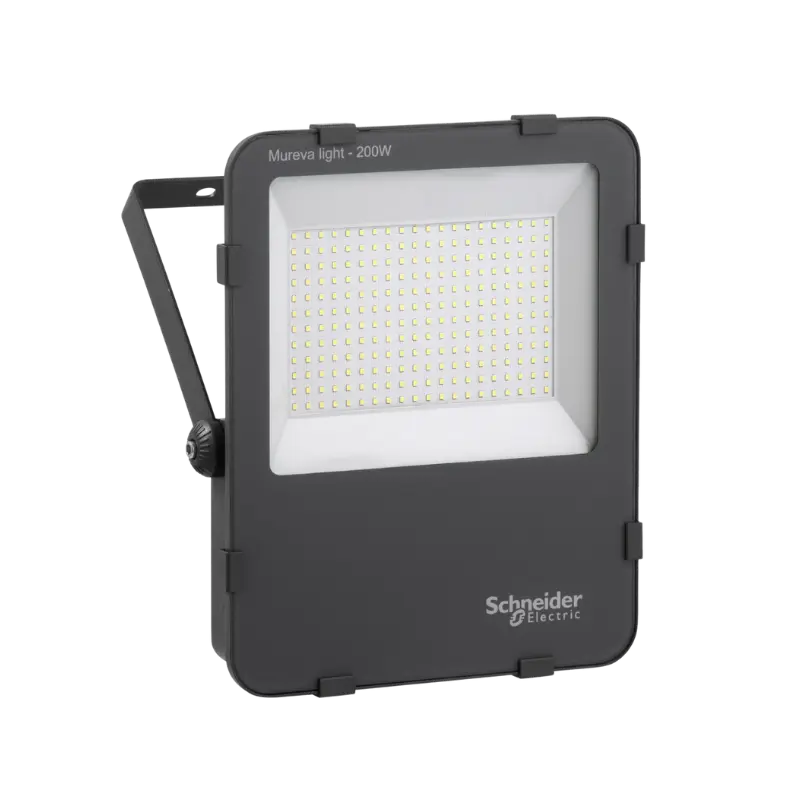 Schneider IMT47223 Mureva 200W LED Floodlight with 24,000 lm brightness, 6500K daylight color, and 110° beam angle. IP65 weatherproof, rectangular design (342x278x61mm, 4.9kg). For indoor/outdoor use in warehouses, stadiums, or homes. 50,000-hour lifespan and 5-year warranty.