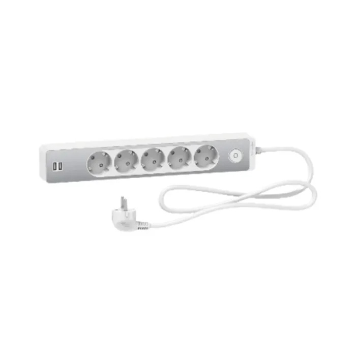 Schneider Electric Unica Extend trailing lead, 5 Schuko sockets, switchable with USB Type A+A ports, 1.5m cable, aluminium/white. Schneider Electric Unica Extend trailing lead, 5 Schuko sockets, switchable with USB Type A+A ports, 1.5m cable, aluminium/white.