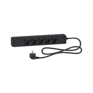 A Schneider Electric Unica ST945U3B trailing lead in anthracite color with 5 Schuko sockets, 2 USB Type-A ports, and a 3-meter cable. The device features a mains switch, an ON indicator light, and a shuttered socket design for safety.