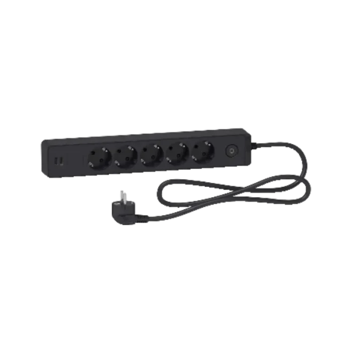 A Schneider Electric Unica ST945U3B trailing lead in anthracite color with 5 Schuko sockets, 2 USB Type-A ports, and a 3-meter cable. The device features a mains switch, an ON indicator light, and a shuttered socket design for safety.