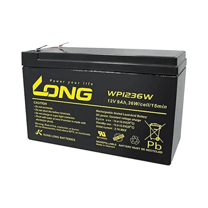 Front view of Long WP1236W 12V 9Ah battery