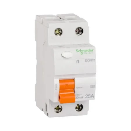 Schneider 11024 residual current circuit breaker (RCCB), 2 poles, 25A, AC 30mA, earth leakage protection device.