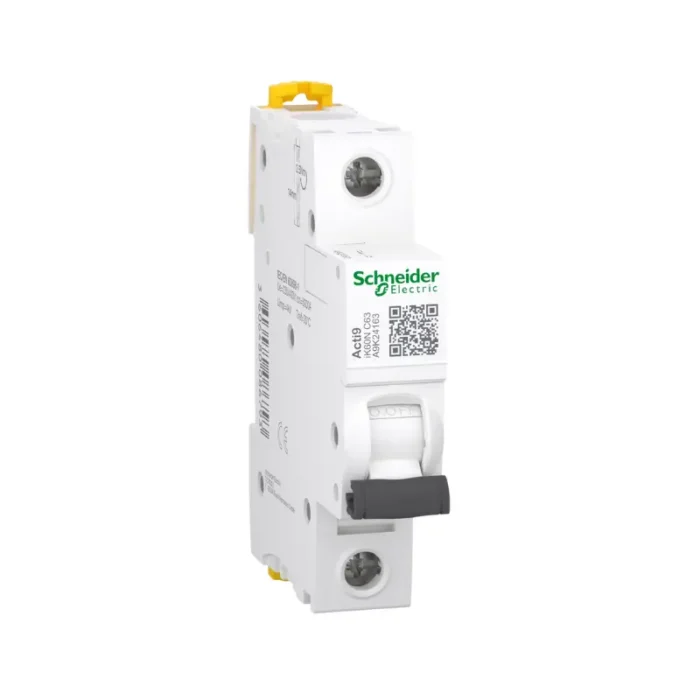 Acti9 circuit breaker model A9K24183 with reference IK6UN C63 by Schneider Electric, labeled 'ACTION 1: FLEXIBLE LEVEL OF TWO