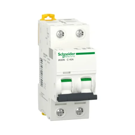 Schneider A9K24240 Miniature Circuit Breaker, 2P, 40A, Acti9 iK60N Series, C Curve, 6000A Breaking Capacity (IEC 60898-1 Standard).