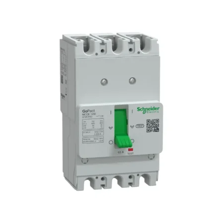 قاطع دائرة شنايدر G12E3F63 GoPact MCCB 125، 63 أمبير، 3 أقطاب، مع حماية حرارية ثابتة، مناسب للأنظمة حتى 415 فولت تيار متردد.