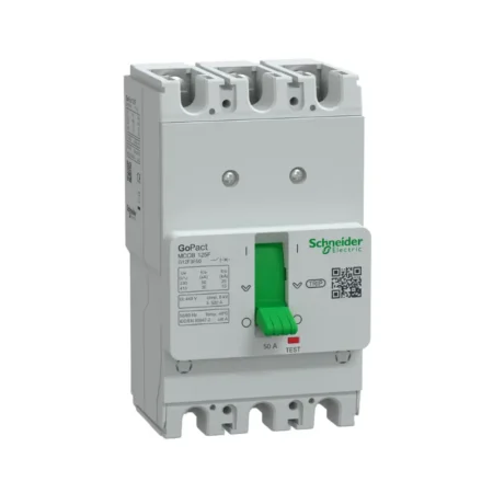 Schneider G12F3F50 MCCB – 3P, 50A, 30kA breaking capacity at 415VAC, TMD trip unit with fixed thermal protection for industrial electrical systems.