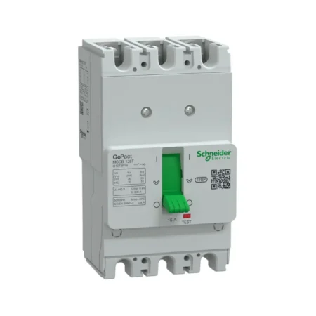 Schneider G12T3F16 Circuit Breaker, GoPact MCCB 125 Series, 3P, 16A, 10kA Breaking Capacity at 415VAC, Fixed TMD Thermal Trip Unit.