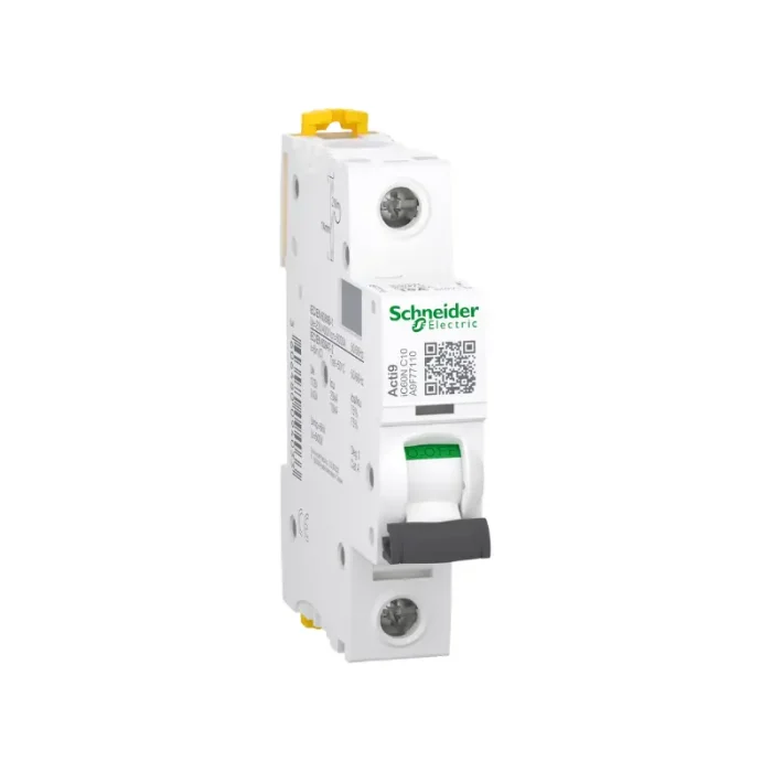 Schneider A9F77110 Acti9 iC60N miniature circuit breaker with 10A capacity and compact design.