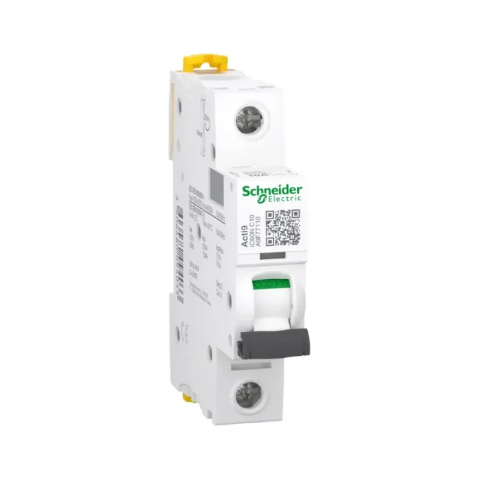 Schneider A9F77110 Acti9 iC60N miniature circuit breaker with 10A capacity and compact design.