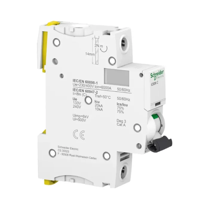 the 1P 10A C Curve miniature circuit breaker, highlighting its engineering details.