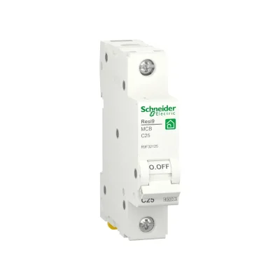 Schneider Electric Miniature Circuit Breaker (MCB), Model R9F32125, 1P, 25A, C Curve, Resi9 Series, with a breaking capacity of 4500A compliant with IEC/EN 60898-1