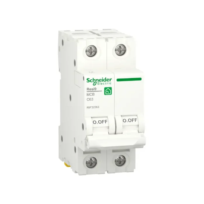 Schneider R9F32263 Miniature Circuit Breaker (MCB), 2-Pole, 63A, C Curve, 4500A Breaking Capacity – Resi9 Series