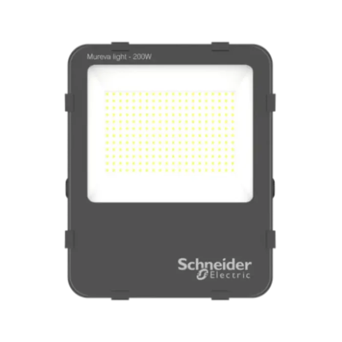 Schneider Mureva Floodlight packaging: Compact box (34.2x42.4x11.6 cm) containing 1 unit, 5.524 kg weight. Weatherproof design certified for safe transport