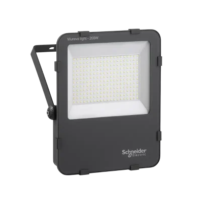 Schneider IMT47223 Mureva 200W LED Floodlight with 24,000 lm brightness, 6500K daylight color, and 110° beam angle. IP65 weatherproof, rectangular design (342x278x61mm, 4.9kg). For indoor/outdoor use in warehouses, stadiums, or homes. 50,000-hour lifespan and 5-year warranty.