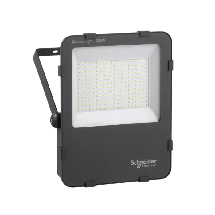 Schneider IMT47223 Mureva 200W LED Floodlight with 24,000 lm brightness, 6500K daylight color, and 110° beam angle. IP65 weatherproof, rectangular design (342x278x61mm, 4.9kg). For indoor/outdoor use in warehouses, stadiums, or homes. 50,000-hour lifespan and 5-year warranty.