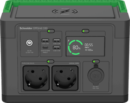 PPS330 - Schneider OffGrid Portable Power Station 330, 120V, 332Wh Lithium-ion, LCD, 2 NEMA, Sinewave, 3 USB-A, 1 USB-C, Wireless Charger