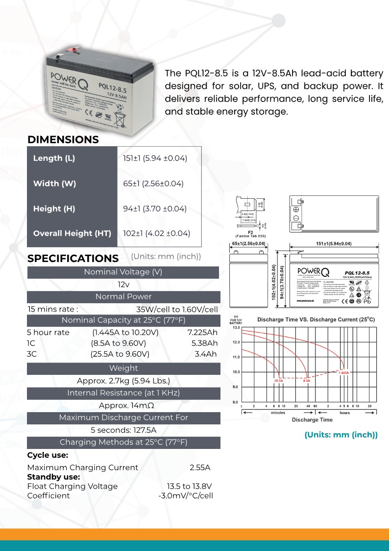 Power Q PQL12-8.5, 12V/8.5AH UPS Battery - Image 3
