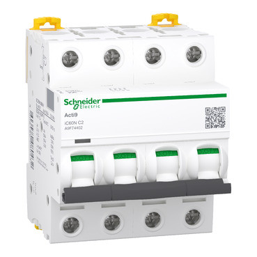 Schneider A9F74402 | Miniature circuit breaker (MCB), Acti9 iC60N, 4P, 2A, C curve, 6000A (IEC/EN 60898-1), 50kA