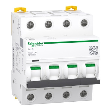Schneider A9F77463 | Miniature circuit-breaker, Acti9 iC60N, 4P, 63 A, C curve, 6000 A (IEC 60898-1), 10 kA (IEC 60947-2)