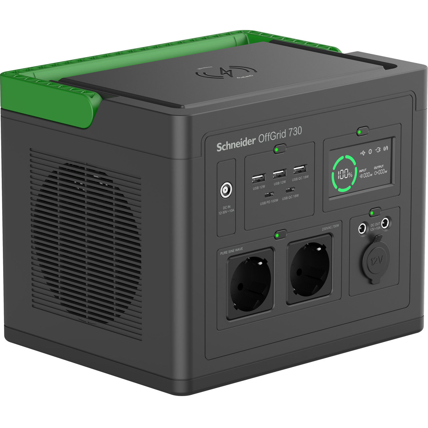 Schneider PPS730-GR | OffGrid Portable Power Station 730, 738Wh Lithium-ion, LCD, 2 CEE 7/3 Schuko outlets, Sinewave, 3 USB-A, 2 USB-C, Wireless Charger