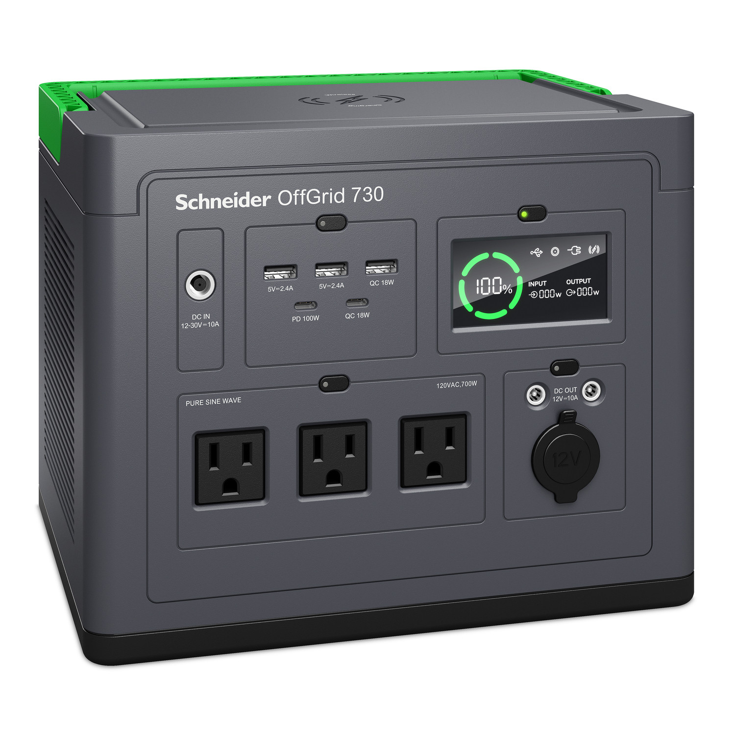 PPS730 | Schneider OffGrid Portable Power Station 730, 700W, 120V, 738Wh Lithium-ion, LCD, 3 NEMA, Sinewave, 3 USB-A, 2 USB-C, Wireless Charger - Image 4