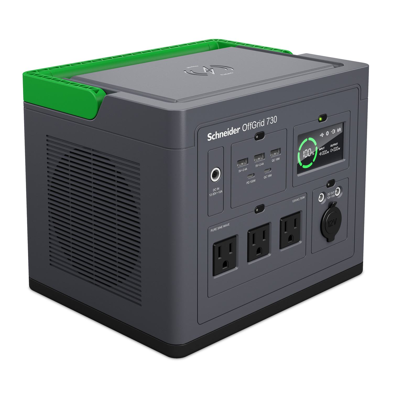 PPS730 | Schneider OffGrid Portable Power Station 730, 700W, 120V, 738Wh Lithium-ion, LCD, 3 NEMA, Sinewave, 3 USB-A, 2 USB-C, Wireless Charger - Image 3