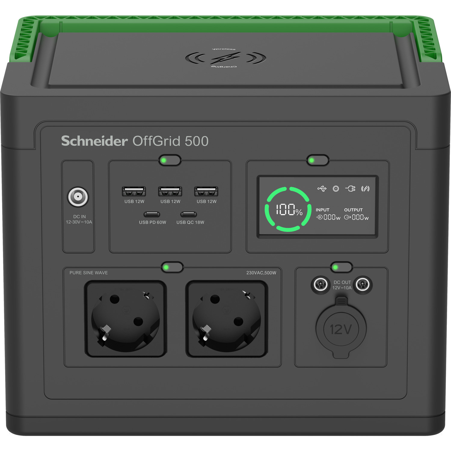 Schneider PPS500-GR | OffGrid Portable Power Station 500, 230V, 517Wh Lithium-ion, LCD, 2 CEE 7/3 Schuko outlets, Sinewave, 3 USB-A, 2 USB-C, Wireless Charger