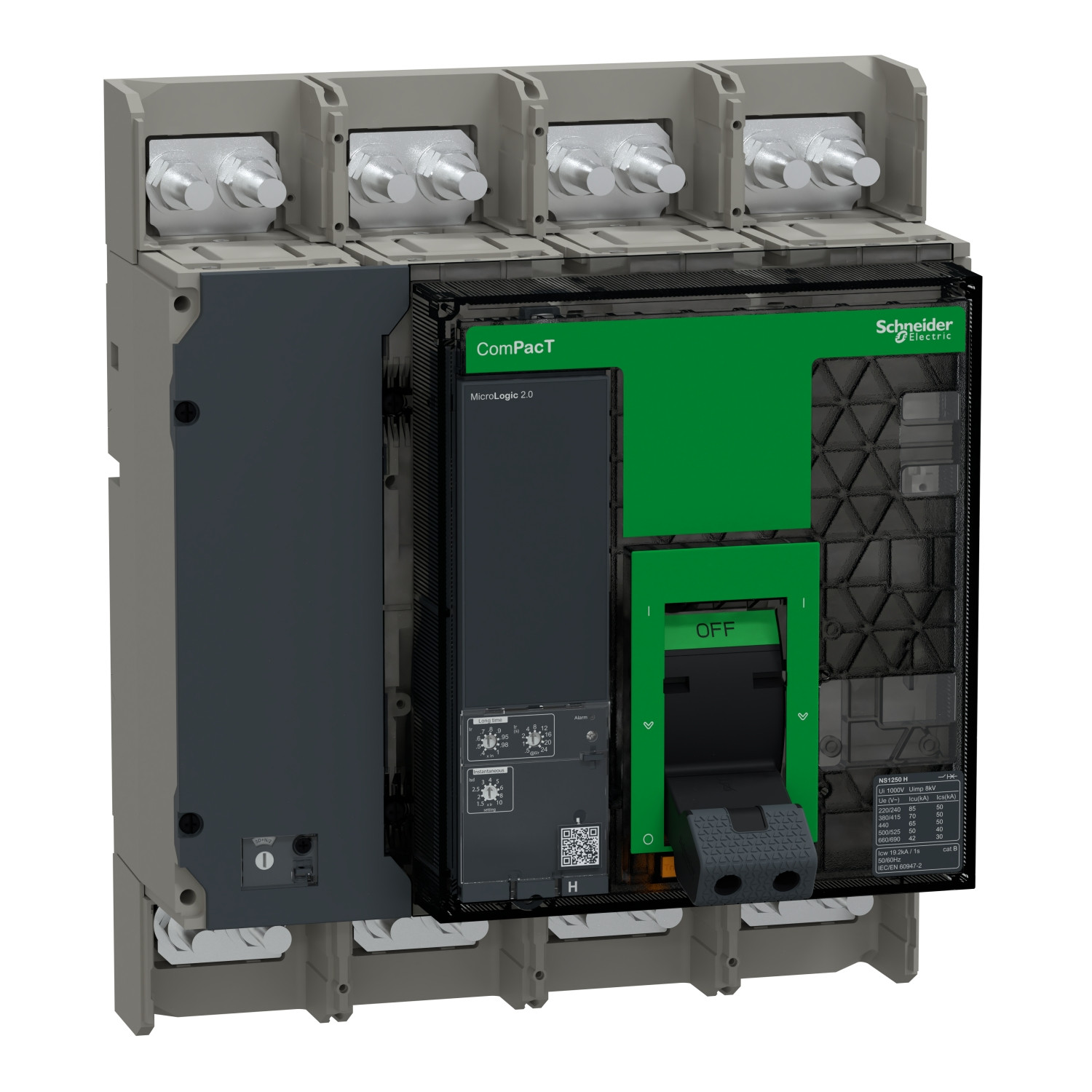Schneider C125H420FM | Circuit breaker, ComPacT NS1250H, 70kA at 415VAC, 4P, fixed, manually operated, MicroLogic 2.0 control unit, 1250A