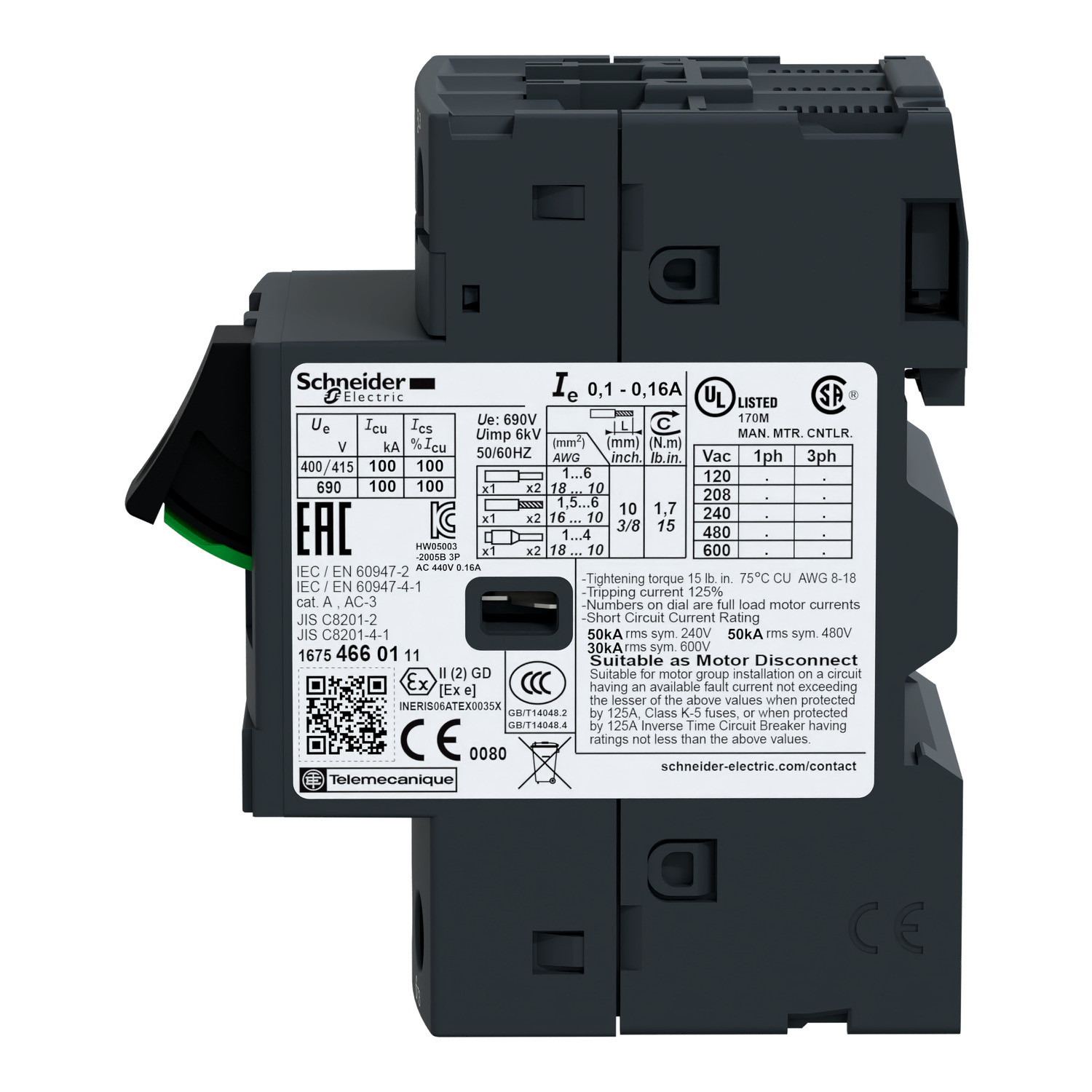 Schneider GV2ME05 | Motor circuit breaker, TeSys GV2, 3P, 0.63-1 A, thermal magnetic, screw clamp terminal - Image 3