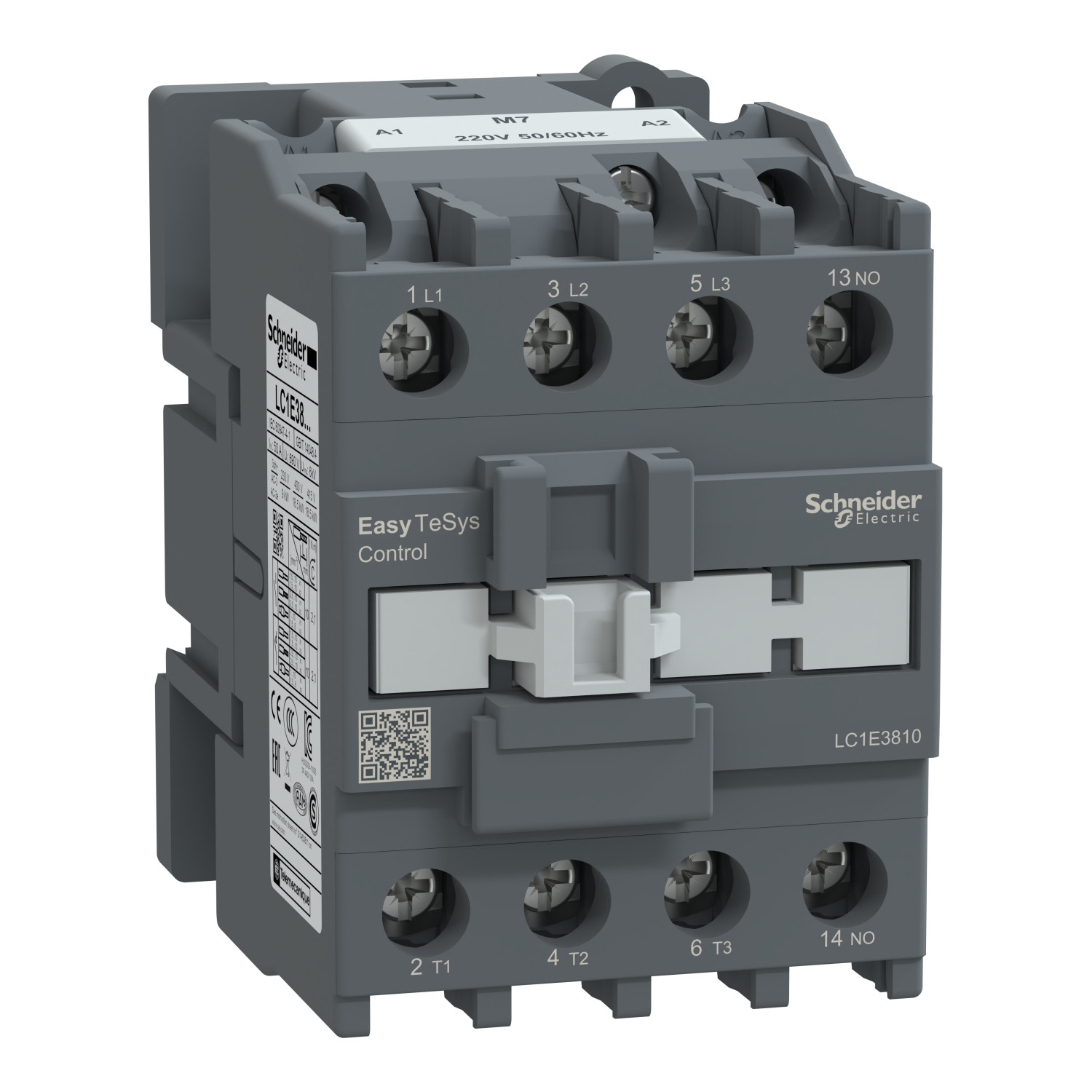 Schneider LC1E3810M7 | Contactor,Easy TeSys Control,LC1E,3P(3NO),AC-3/AC-3e,<=440V,38A,220V AC coil,50/60Hz,1NO auxiliary contact
