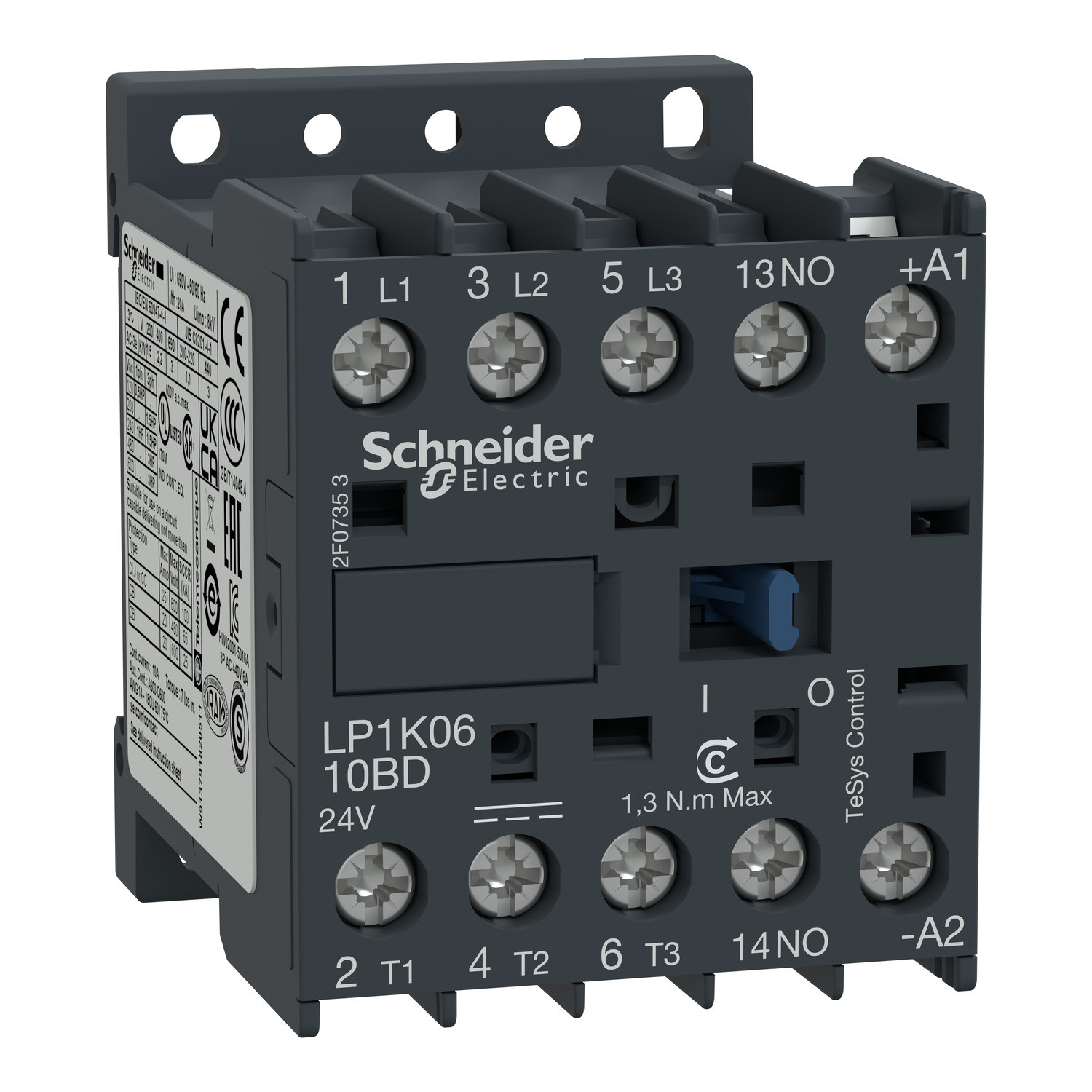 Schneider LP1K0610BD | TeSys K contactor - 3P - AC-3 <= 440 V 6 A - 1 NO aux. - 24 V DC coil