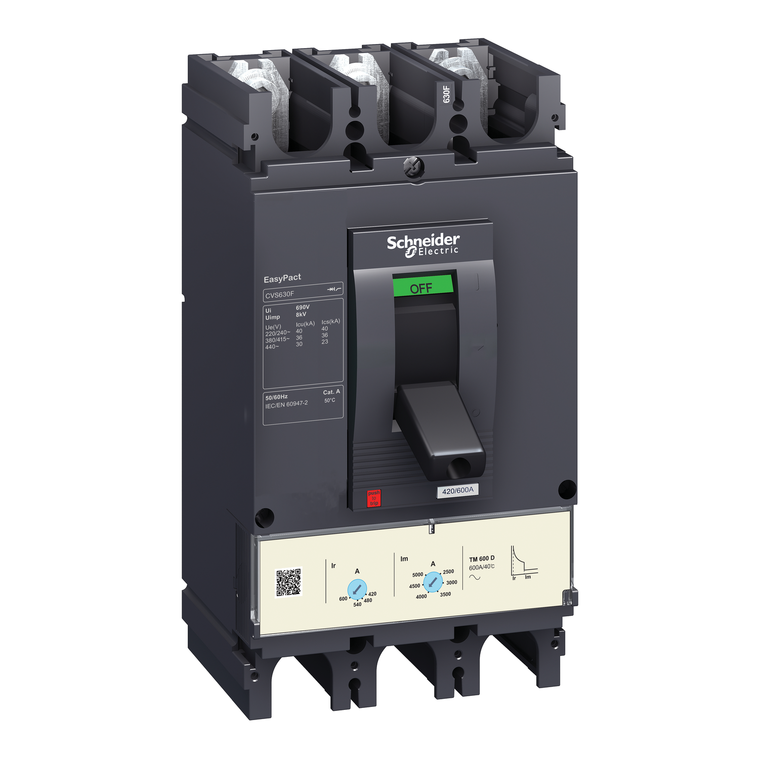 Schneider LV563306 | circuit breaker EasyPact CVS630F, 36 kA at 415 VAC, 600 A rating thermal magnetic TM-D trip unit, 3P 3d