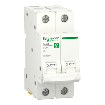 Schneider R9F32206 | Miniature circuit breaker (MCB), Resi9, 2P, 6A, C curve, 4500A (IEC/EN 60898-1)