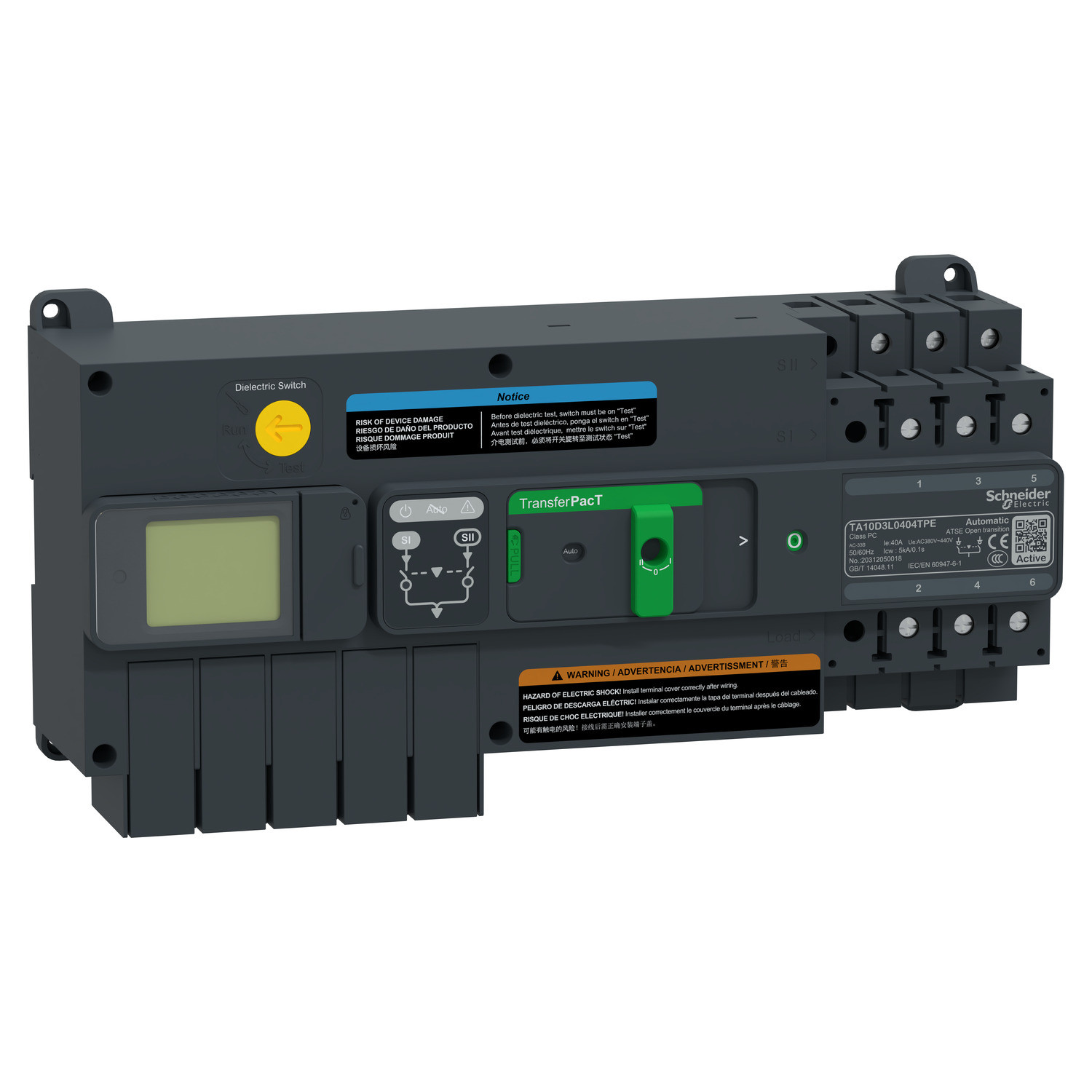 Schneider TA10D3L0404TPE | active automatic transfer switch, TransferPacT Active automatic, 40A, 3P, LCD, frame 100A