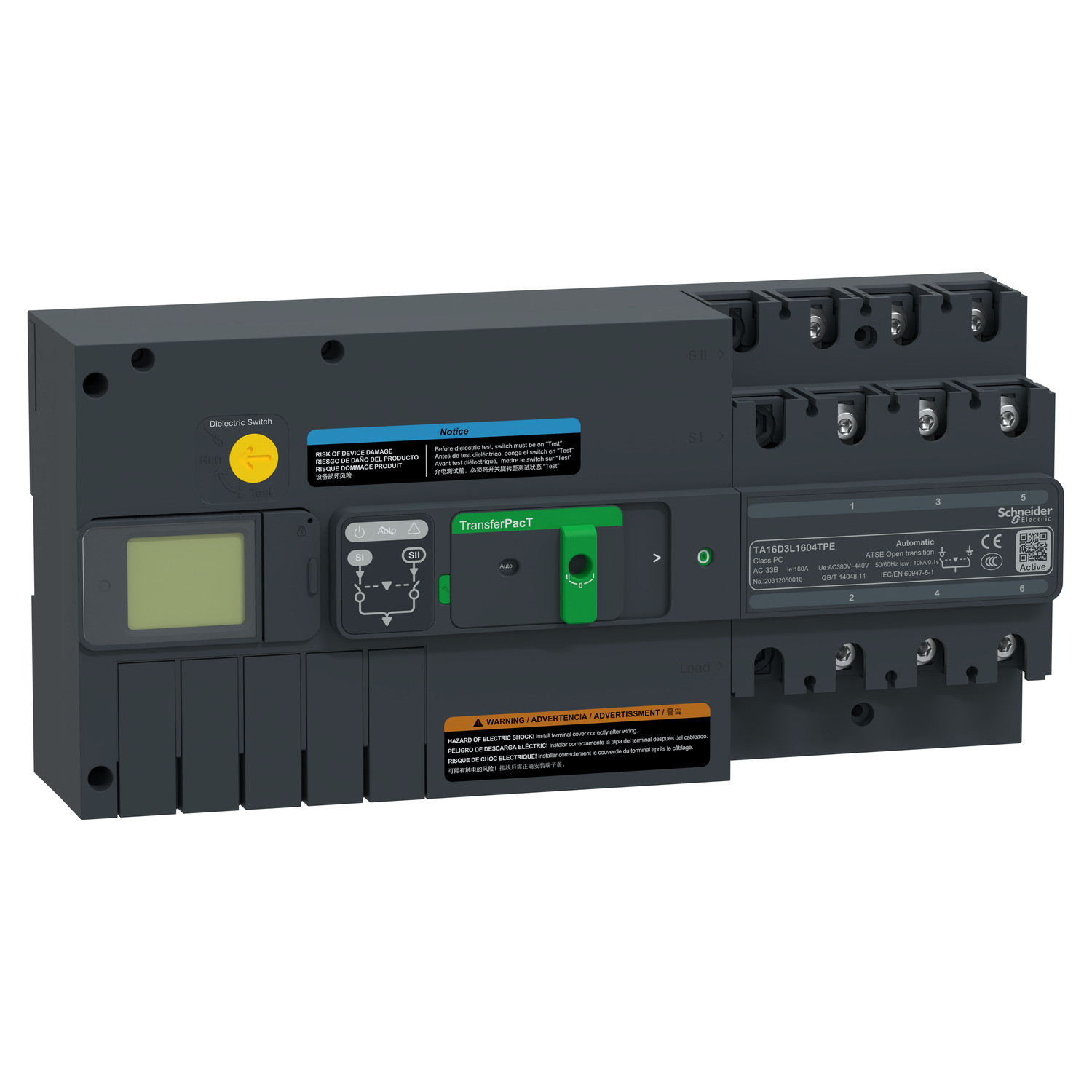 Schneider TA16D3L1604TPE | active automatic transfer switch, TransferPacT Active automatic, 160A, 3P, LCD, frame 160A