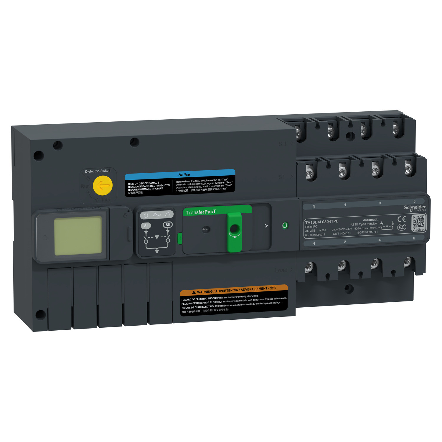 Schneider TA16D4L0804TPE | active automatic transfer switch, TransferPacT Active Automatic, 80A, 4P, LCD, frame 160A