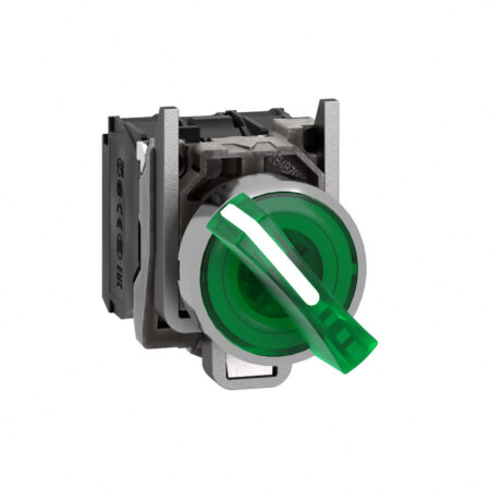 Schneider XB4BK123B5 | Illuminated selector switch, metal, green, Ø22, 2 positions, stay put, 24 V AC/DC, 1 NO + 1 NC
