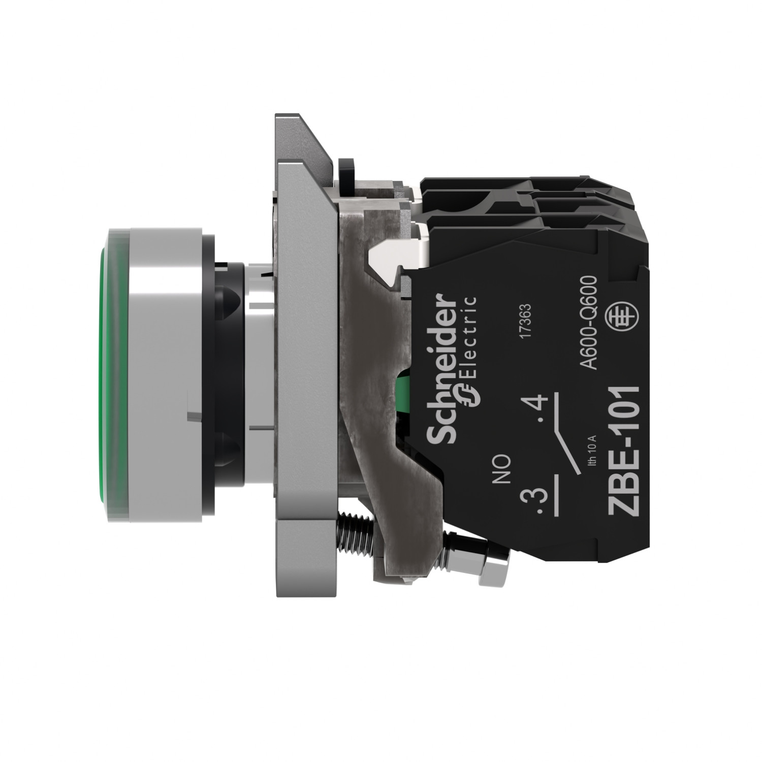 Schneider XB4BW33M5 | Illuminated push button, metal, flush, green, Ø22, spring return, 230...240 V AC, 1 NO + 1 NC - Image 2