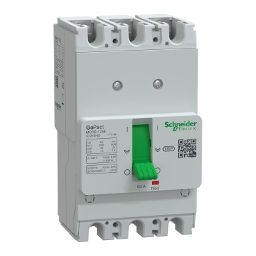 Schneider G12E3A63 GoPact | Circuit breaker, GoPact MCCB 125, 3 poles, 15kA at 415VAC, 63A rating, TMD trip unit, fixed thermal protection